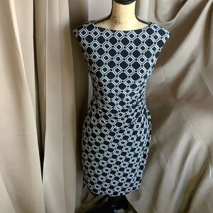 Lauren Ralph Lauren Black and White Patterned Boatneck Midi Dress